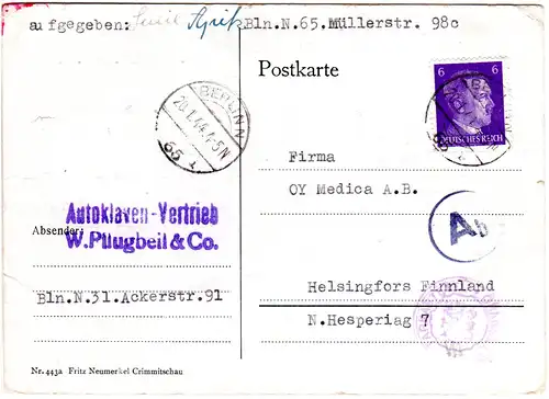 DR 1944, EF 6 Pf. auf Zensur Karte v. Berlin n. Finnland. Sogen. Europaporto.