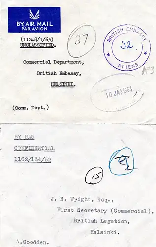 GB, 2 Diplomatenpost Briefe, 1x v. Griechenland m. Stpl. British Embassy Athens