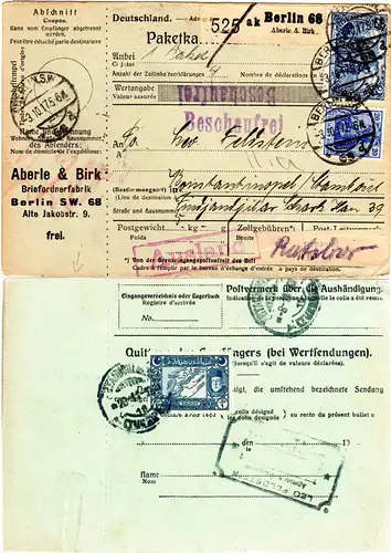 DR 1917, 20 Pf.+2 Mk. auf Paketkarte v. Berlin m. rücks. Türkei Marke 