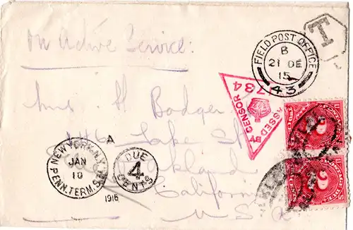 GB 1915, censored field post cover from FPO 43 with US 4 C. postage due