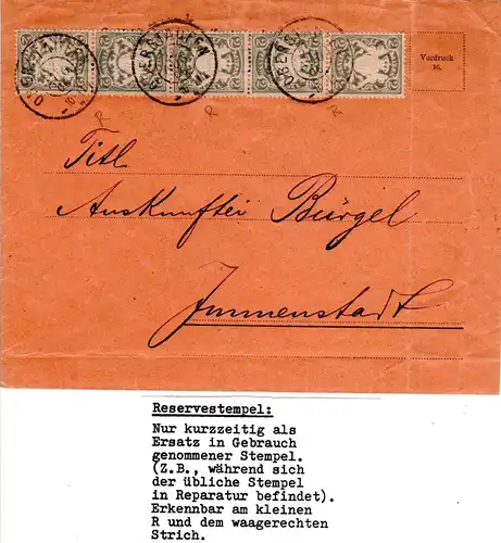 Bayern 1906, Reservestempel OBERSTAUFEN R auf Brief m. MeF 5er-Streifen 2 Pf.