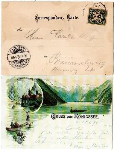 Bayern 1896, Saison-Postamt-K1 KÖNIGSSEE auf Vorläufertype Litho-AK m. 5 Pf.