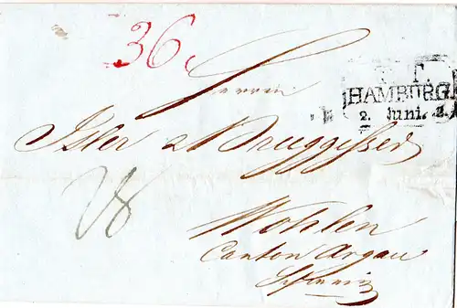 Hamburg 1842, R3 T.T. HAMBURG auf Porto Brief in die Schweiz. Via Thurn&Taxis