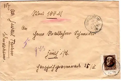 Bayern 1919, EF 1 Mk. auf Wert Brief v. WINDSHEIM n. Fürth.