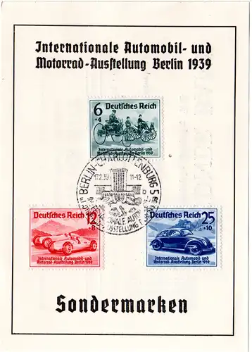 DR 1939, Ereigniskarte Automobil- u. Motorrad Ausstellung Berlin m. FDC Stempel