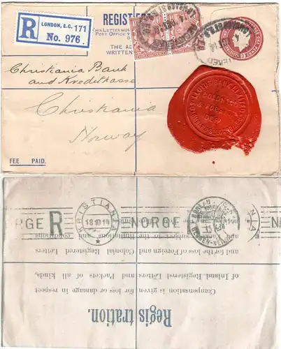 GB 1914, 2x1 1/2d on 1d registered stationery envelope with Norway ship mail