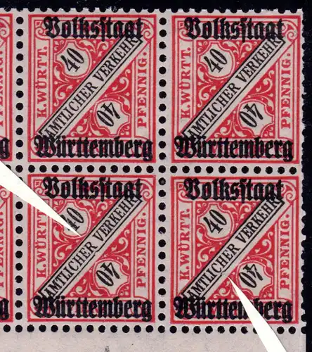 Württemberg D 268, postfr. 10er-Block 40 Pf. m. beiden Plattenfehlern 268 I+II