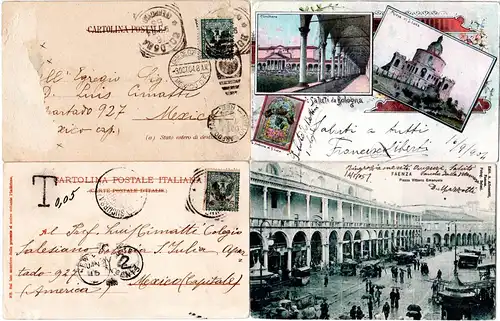 Italien 1904/05, 2 AK m. 5 C. v. Bologna u. Faenza n. Mexico, 1x Porto "T" 0,05