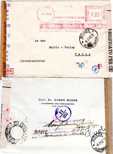 Italien 1943, Monza Freistempel Molini e Silos auf Zensur Brief n. Liechtenstein