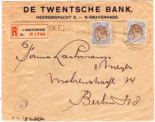 NL 1921, MeF 2x17 1/2 Ct. auf Reko Zensur Bank Brief v. s´Gravenhage n. Berlin