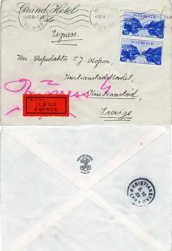 Norwegen 1938, MeF Paar 30 öre auf Express Hotel Brief m. Bahnpost n. Schweden