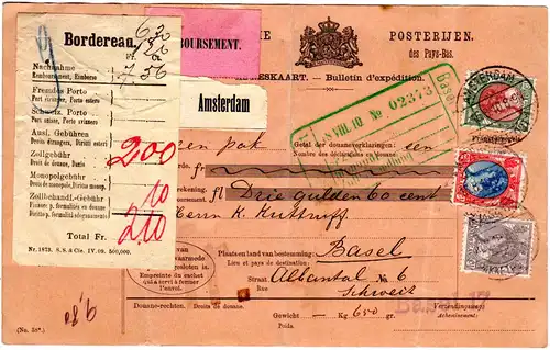 NL 1910, 10+25+50 C.auf Nachnahme Paketkarte v. Amsterdam i.d. Schweiz