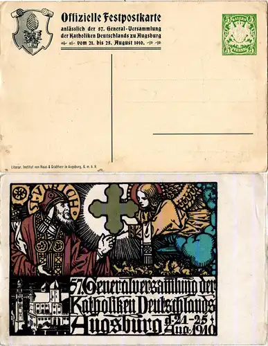 Bayern 1910, 5 Pf. Privat Ganzsache Augsburg 57. Katholiken Generalversammlung
