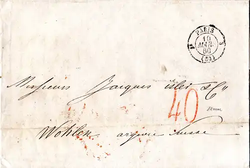 Schweiz 1860, roter Portostpl. "40" auf Frankreich Brief v. Paris