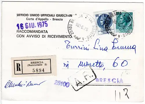 Italien 1975, 70+200 L. auf Reko-AR Orts Postkarte v. Brescia