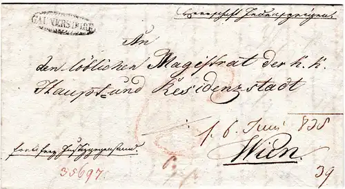Österreich 1835, Niederösterreich Zier-L1 GAUNERSDORF auf Brief n. Wien