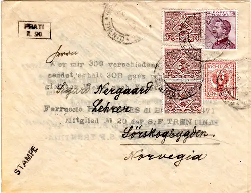 Italien 1923, 3x1+2+20 C. auf transparentem Brief v. Gries b. Bozen n. Norwegen