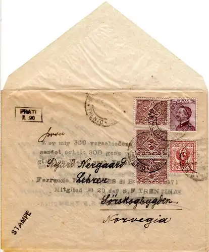 Italien 1923, 3x1+2+20 C. auf transparentem Brief v. Gries b. Bozen n. Norwegen