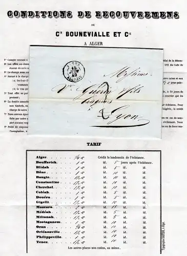 Algerien 1849, K2 ALGER auf Porto Brief m. gedrucktem Inhalt n. Lyon