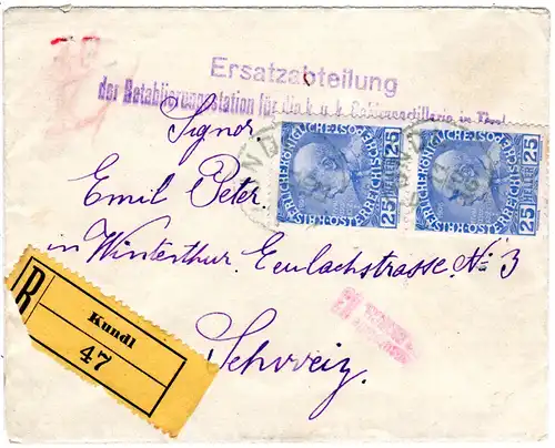 Österreich 1916, Paar 25 H. auf Militär-Reko Brief m. K1 KUNDL i.d. Schweiz