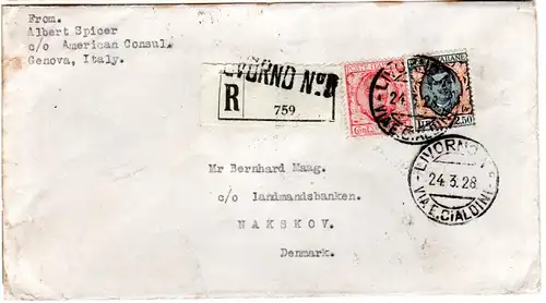 Italien 1928, 2,50 L.+75 C. auf Einschreiben Brief v. Livorno n. Dänemark