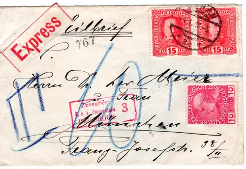 Österreich 1917, Paar 15+ungültige 10 H. auf Express Brief v. MERAN n. Bayern