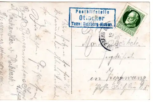 Bayern 1914, Posthilfstelle OTTACKER Taxe Sulzberg auf Karte m. 5 Pf. 