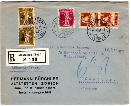 Schweiz 1931, 5 Marken auf Firmen Einschreiben Brief v. Altstetten n. Norwegen