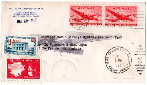 USA 1946, 2x5 C. auf Luftpost Brief  m. Martinique Nachsendefrankatur