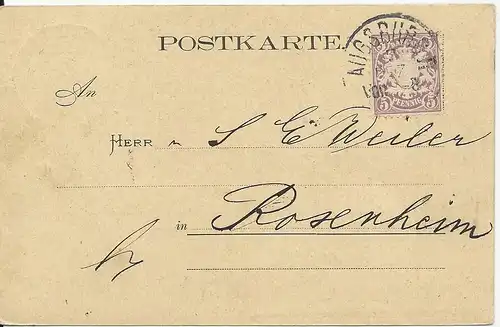 Bayern 1880, EF 5 Pf. violett  WZ weite Welle auf Postkarte v. Augsburg II #1412