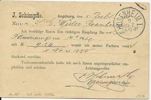 Bayern 1880, EF 5 Pf. violett  WZ weite Welle auf Postkarte v. Augsburg II #1412