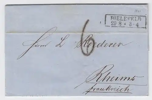 Preussen 1861, R2 Bielefeld auf Brief m. Frankreich Porto Stempel "6". #2162