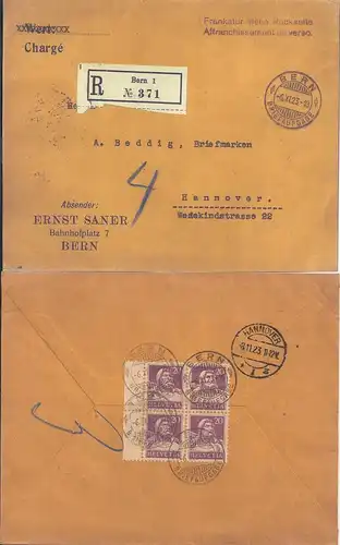 Schweiz 1923, 4er-Block 20 C. m. Bogenrand, rücks. auf Reko Brief v. Bern. #2540