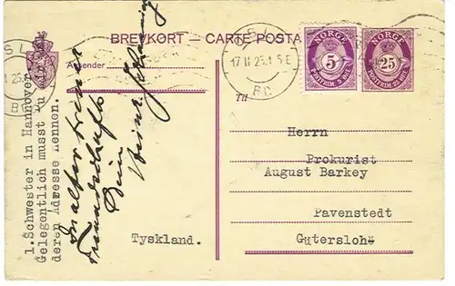 Norwegen 73, 25 öre Ganzsache Karte m. Zusatzfr. 1925 n. Deutschland. #S196