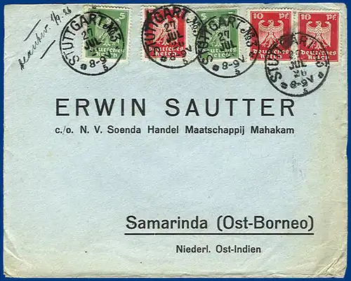 DR NL Indien 1926, Brief Stuttgart Borneo m. Porto 40 Pf. (2. Gew.Stufe). #1458