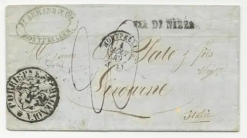 Frankreich 1849, Porto Brief v. Montpellier via Genova n. Livorno, Italien #2343