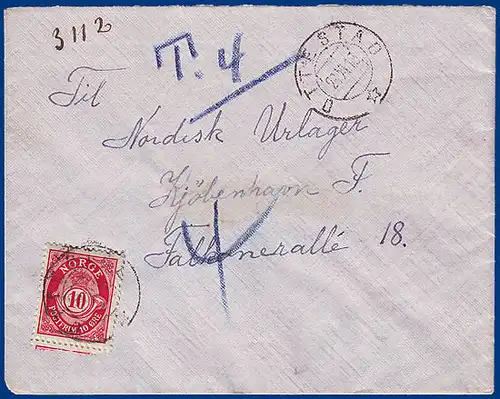 Norwegen1918, Hullstempel Ottestad auf  Brief n. Dänemark m. Porto 4 öre. #S808