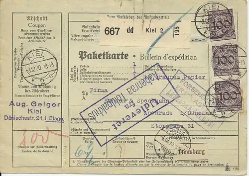 DR 1930, MeF 3x100 Pf. auf Paketkarte  v. Kiel n. Dänemark. #1127