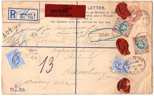 GB 1909, großform. Reko Ganzsachen Umschlag m. Zustzfr als Wert Brief n. Hamburg