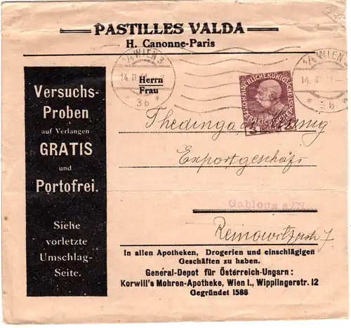 Österreich 1911, ab Wien gebr. 3 H. Privatganzsache Streifband Pastilles Valda 