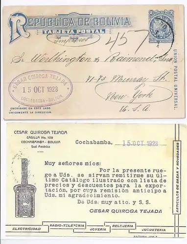 Bolivien 1928, Ganzsache Drucksache m. Werbung Radio Uhren Telefon Elektro. 