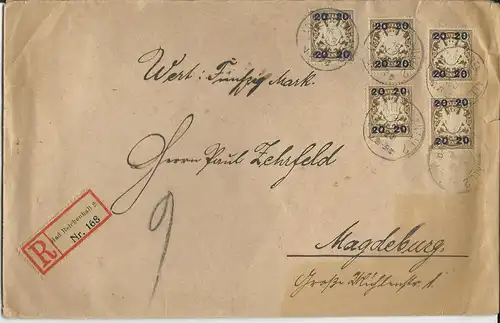 Bayern 1920, MeF 5x20/3 Pf. auf portorichtigem Wert Brief v. Bad Reichenhall