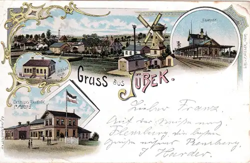 Gruss aus Jübek, Bahnhof, Gasthof u. Windmühle, 1901 per Bahnpost gebr. Litho AK