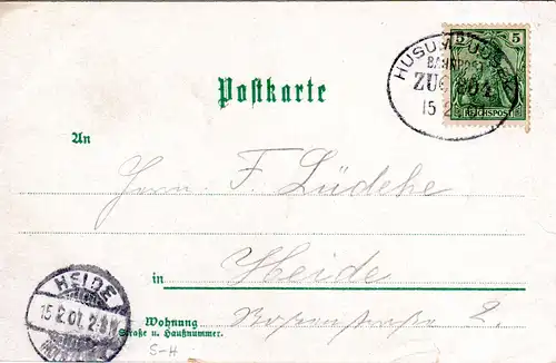 Gruss aus Jübek, Bahnhof, Gasthof u. Windmühle, 1901 per Bahnpost gebr. Litho AK