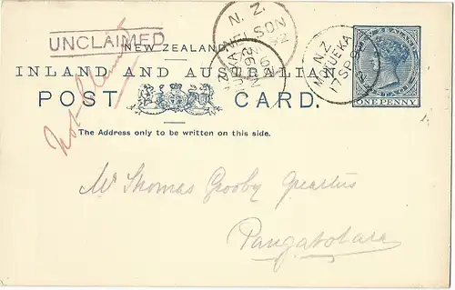 Neuseeland, "UNCLAIMED" auf 1d Ganzsache m. rücks. Zudruck ab K1 Motueka 