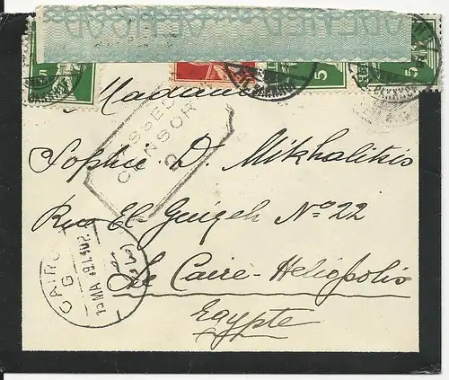 Schweiz 1919, 3x5+10 C. auf Zensur Brief v. Zürich n. Ägypten.