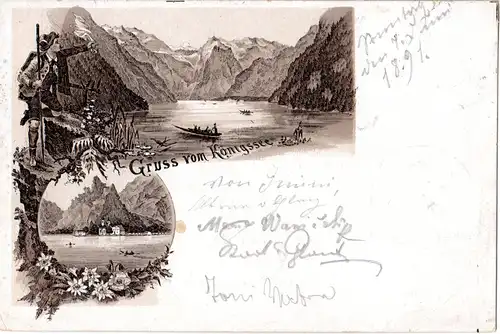 Bayern 1891, Saison-Postamt-K1 KÖNIGSSEE i.Obb. auf Vorläufer Litho-AK m. 5 Pf.