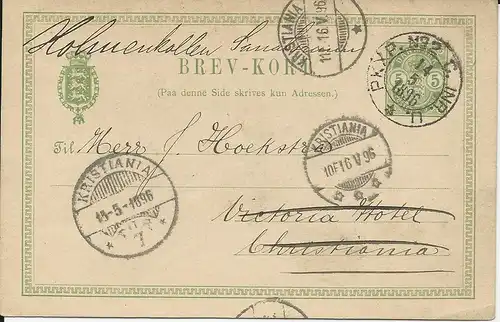 Dänemark 1896, 5 öre Ganzsache m. Schweden Bahnpost Entwertung n. Norwegen
