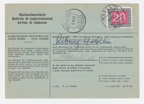 Schweiz 1945, EF 20 C. Pax auf Postformular v. Basel