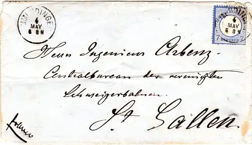 DR 1872, 7 Kr. kl. Brustschild auf Brief v. EMMENDINGEN i.d Schweiz